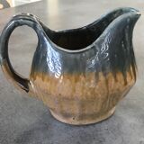 Vintage pitcher in glazed stoneware with bluish drip effect signed and numbered