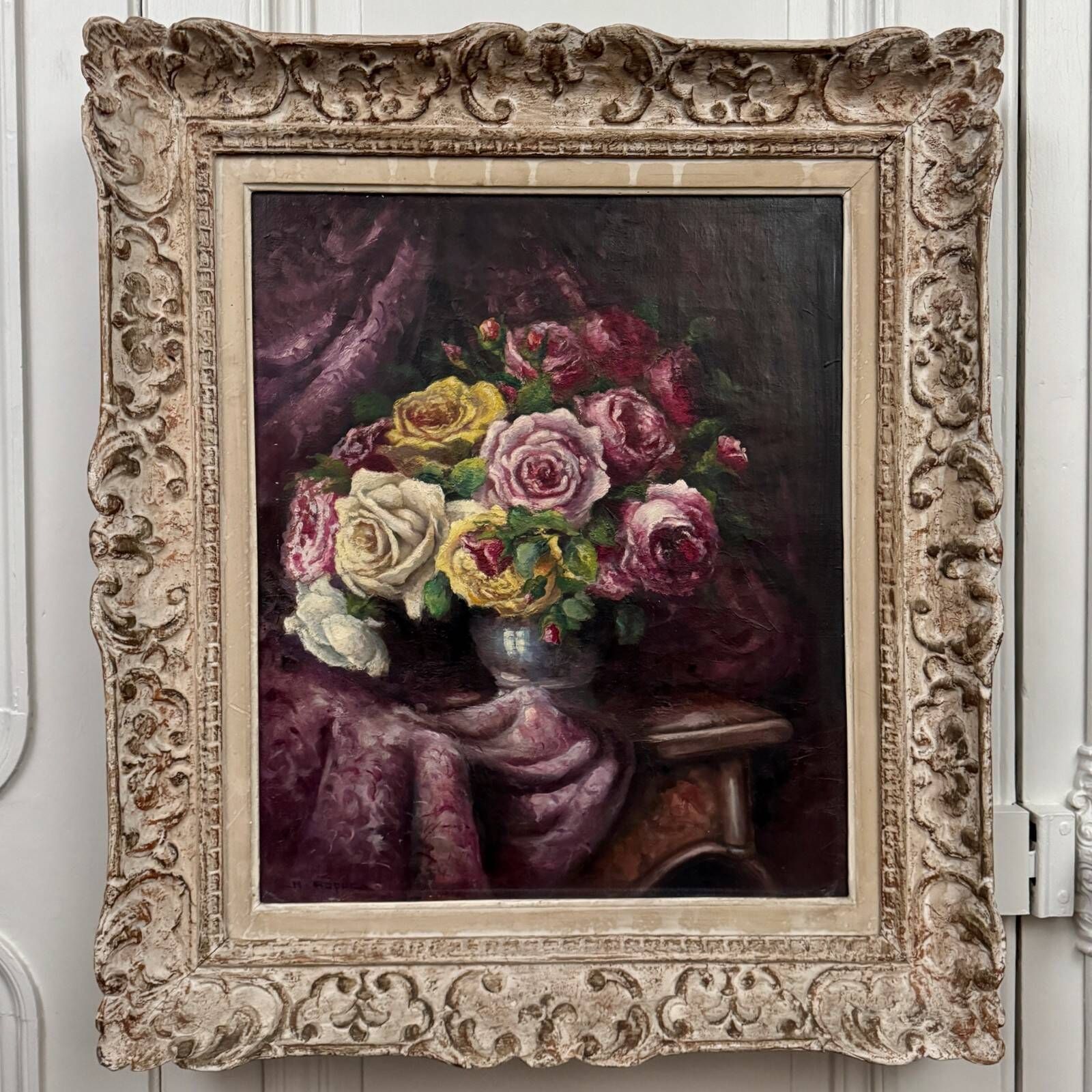 Oil on canvas bouquet of roses and drapery 20th century by R. Roque cerused frame