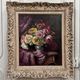 Oil on canvas bouquet of roses and drapery 20th century by R. Roque cerused frame