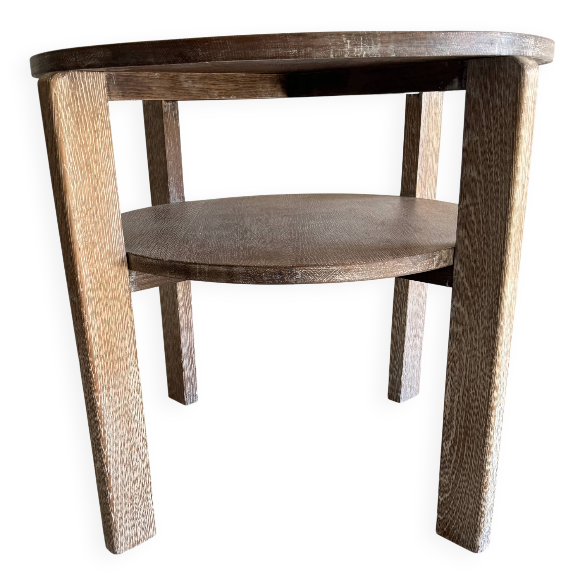 Art Deco round oak side table in light weathered oak with lower shelf, geometric three-leg design