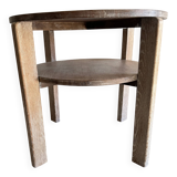 Art Deco round oak side table in light weathered oak with lower shelf, geometric three-leg design