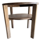 Art Deco round oak side table in light weathered oak with lower shelf, geometric three-leg design
