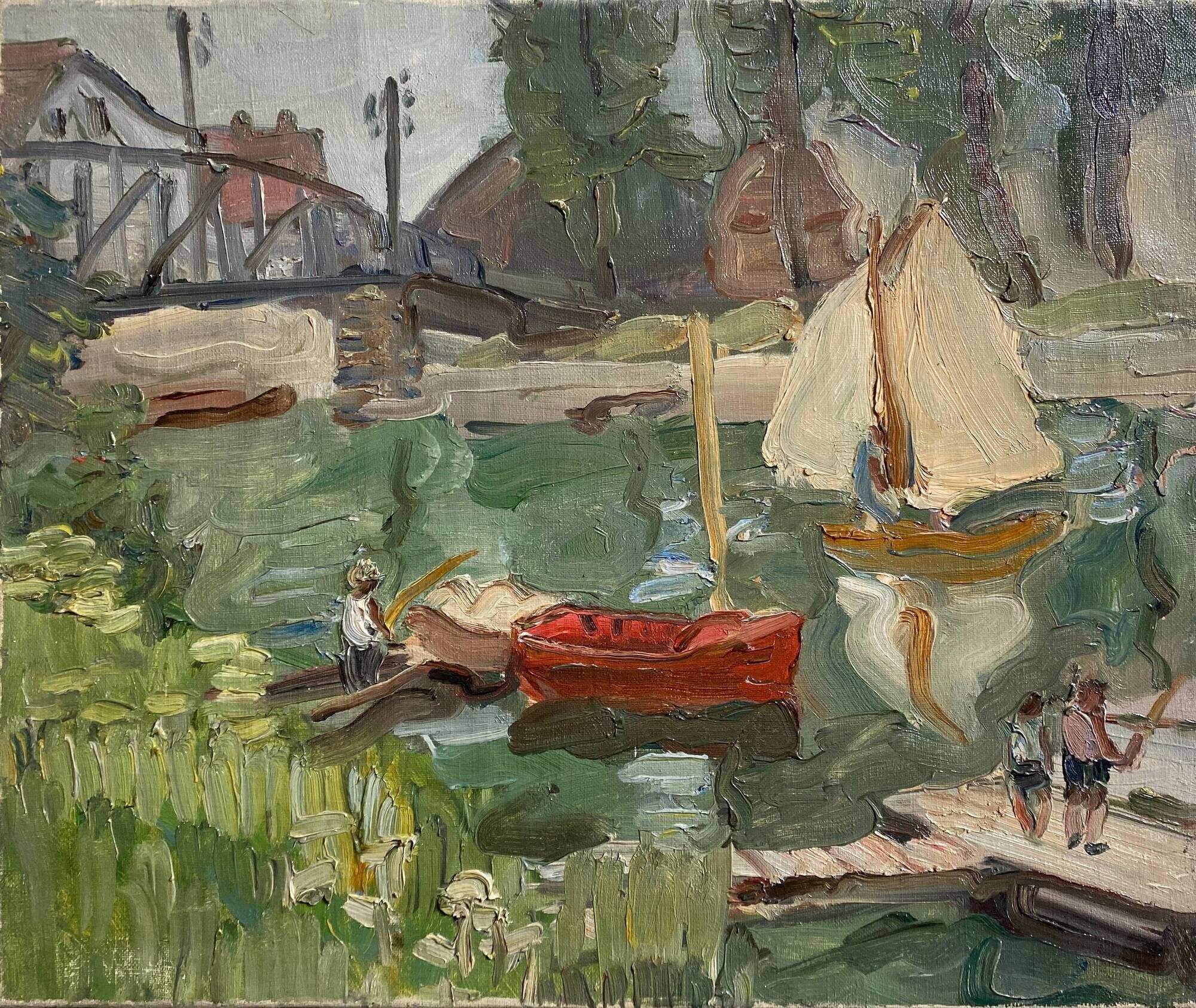 Post-impressionist table "riverside sailing" HST Seine edge