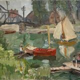 Post-impressionist table "riverside sailing" HST Seine edge