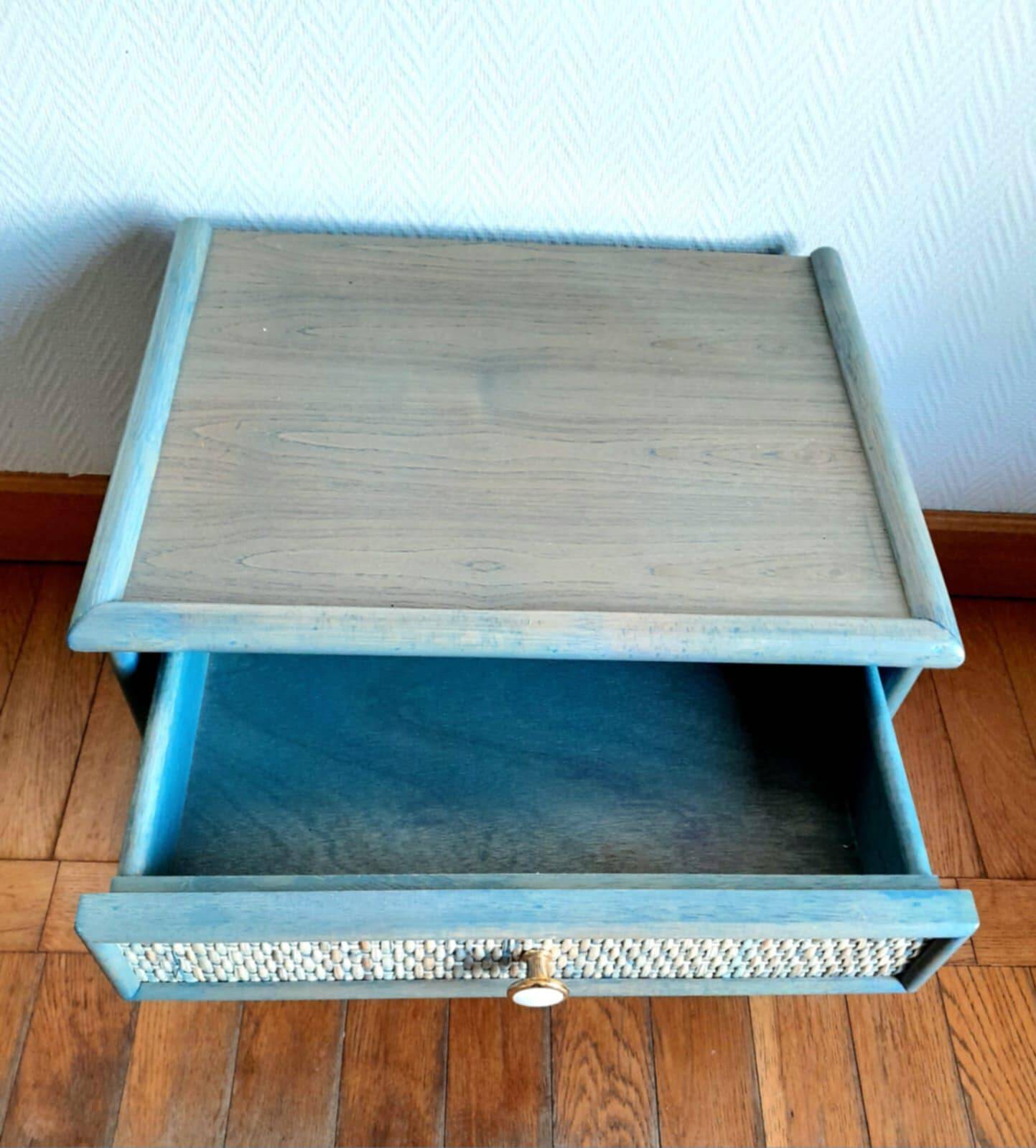 Pair of vintage Maugrion style rattan bedside tables.