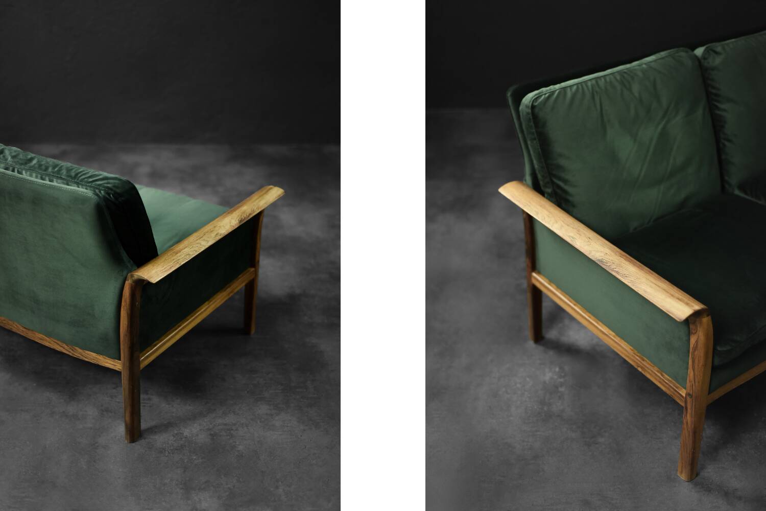 Vintage Mid-Century Modern Rosewood & Green Velour 3-Seater Sofa and Chair
