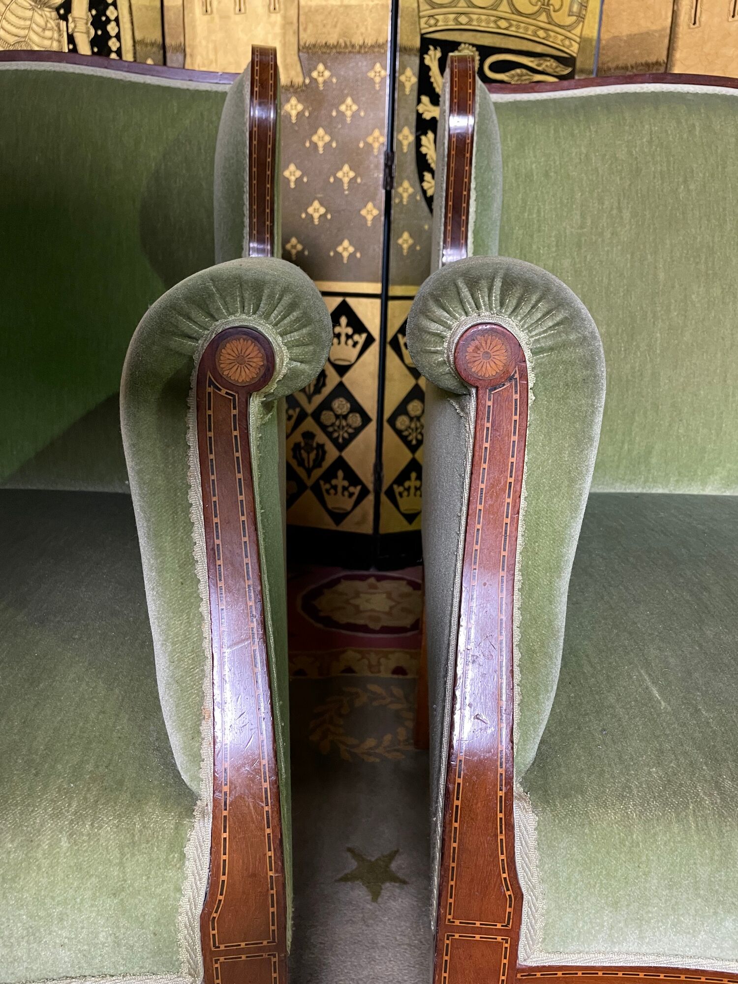 Pair of English armchairs green velvet