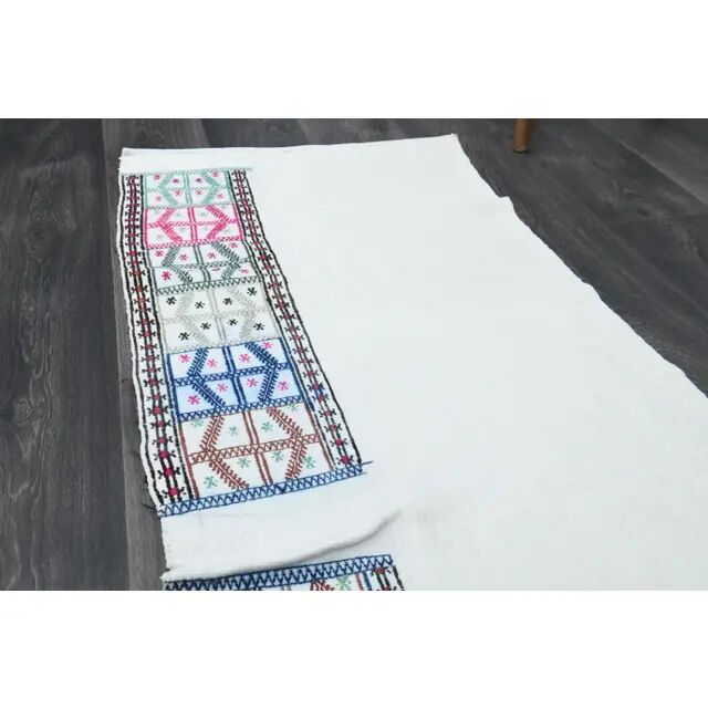 1970s Vintage Turkish Handwoven Wool Cotton White Runner Rug 69x215