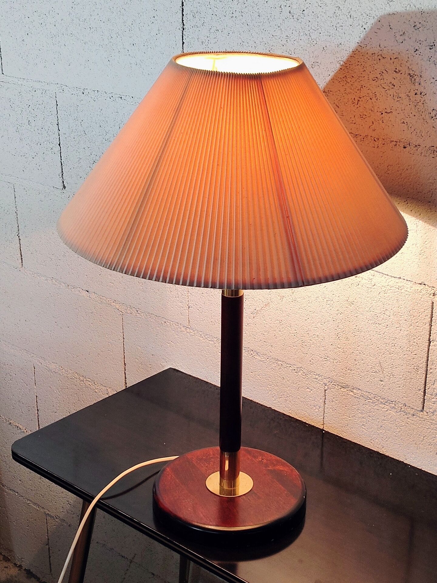 Vintage Wooden, Brass & Leather Table Lamp – 1970s