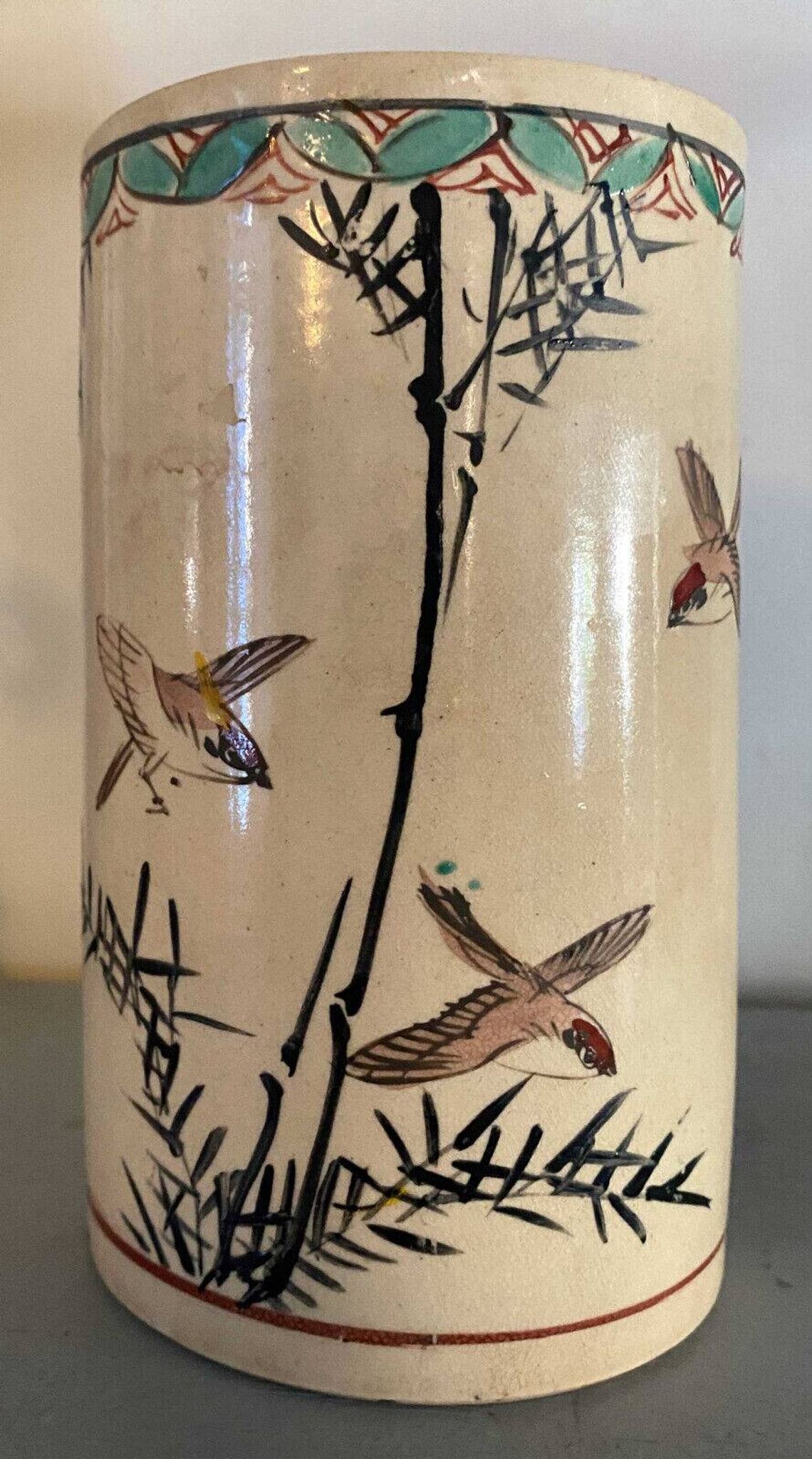 Roller Vase Brush pot with ceramic bird motifs Signed China