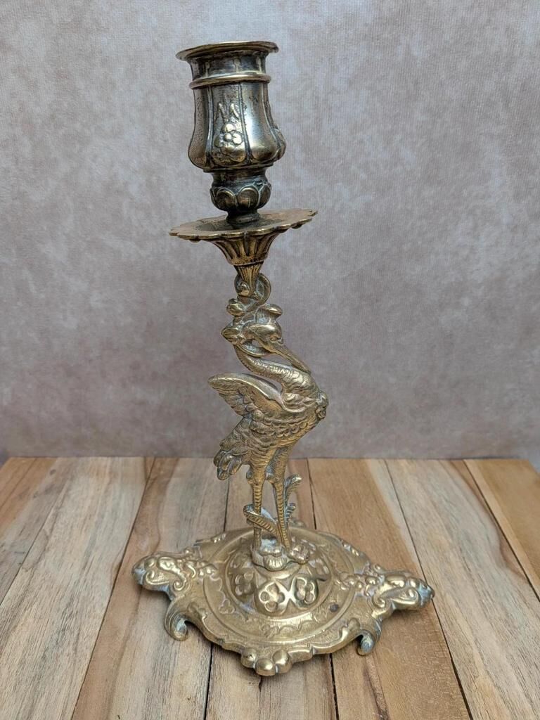 Antique brass candlestick heron – Orientalist Art Nouveau style