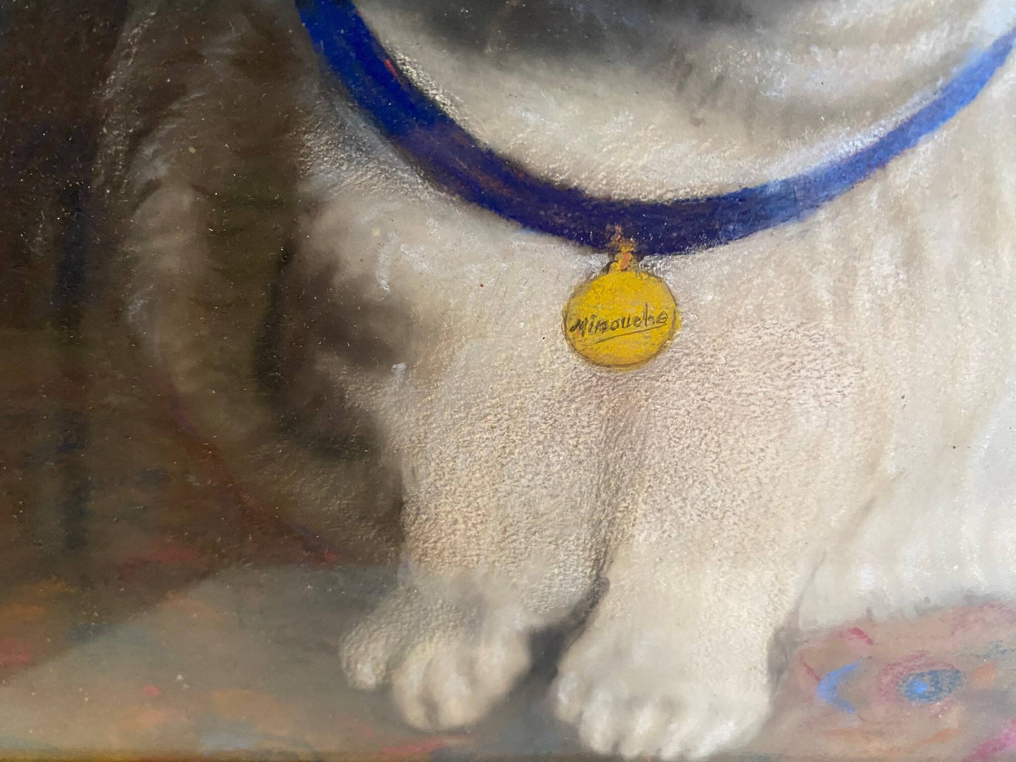 Animal painting cat minouche in gouache signed morris 1934 wooden frame