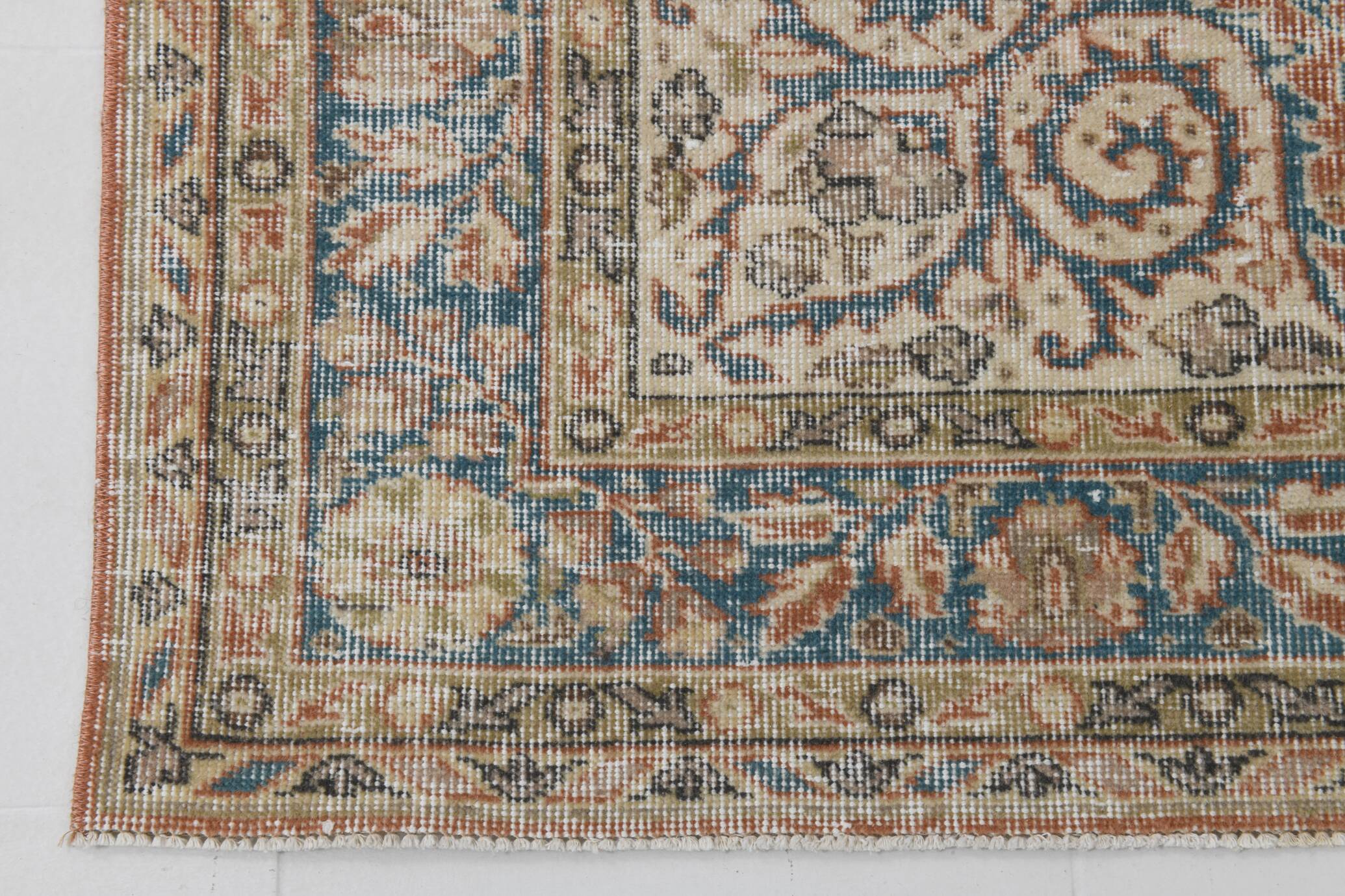 Tapis Persan Ancien – Fait Main Vintage à Médaillon, Tons Bleu et Brique