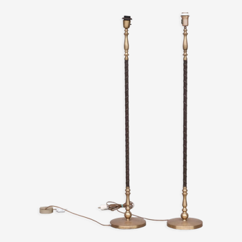 Pair of Leather and Brass Mid-Century Einar Bäckström Floor Lamps