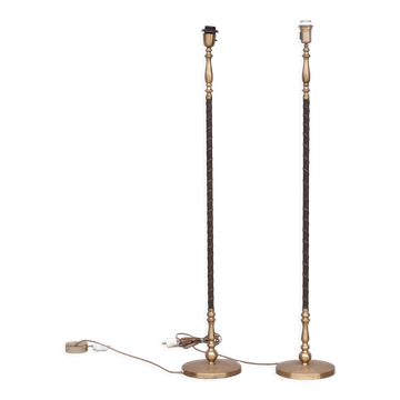 Pair of Leather and Brass Mid-Century Einar Bäckström Floor Lamps