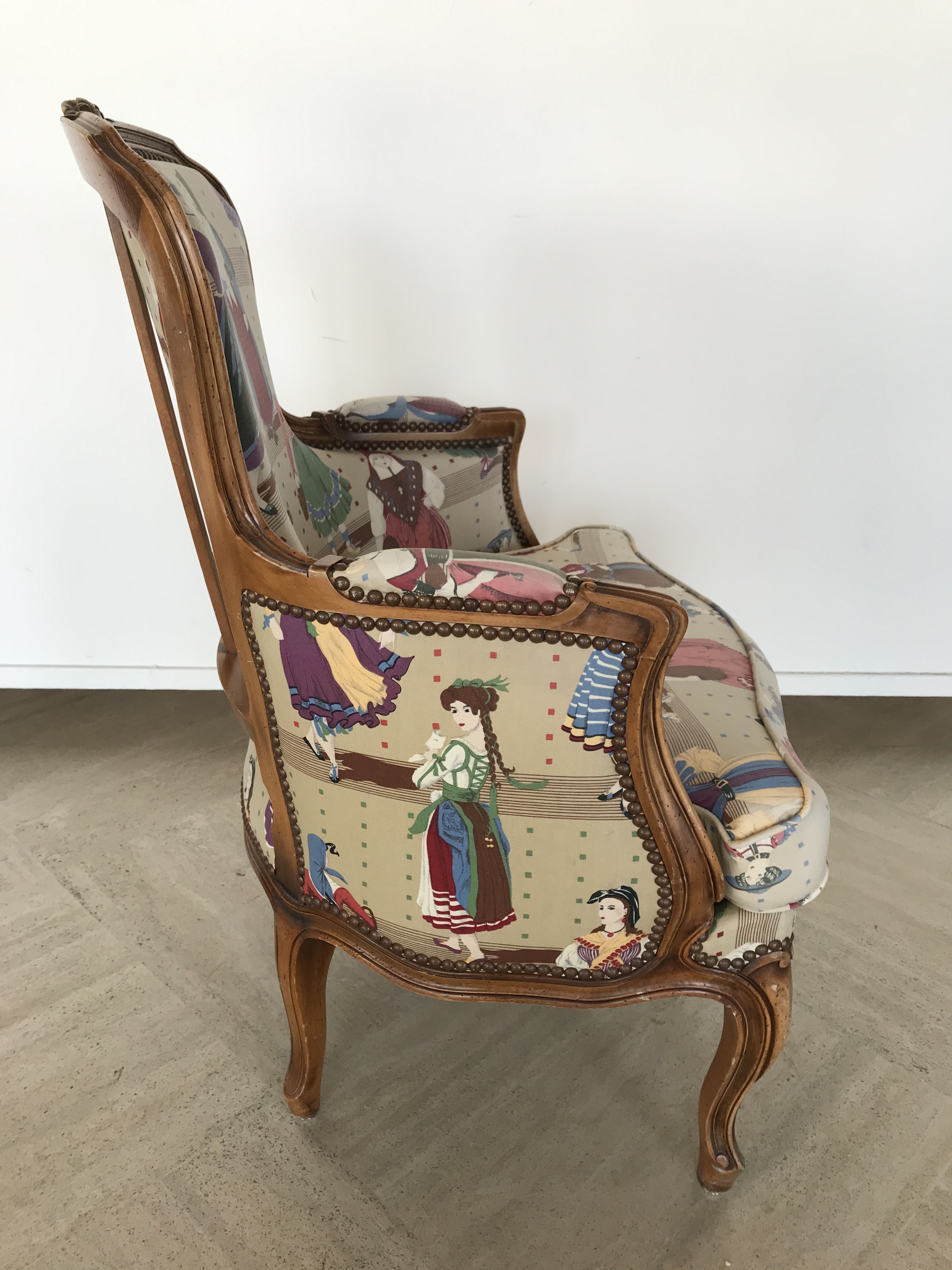 Pair of LOUIS XV-style moulded wooden shepherdesses and fabric