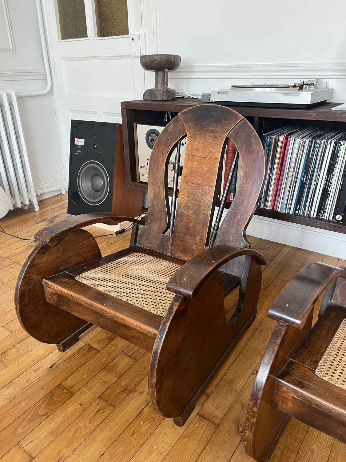 Pair of Art Deco armchairs in wood and cane.