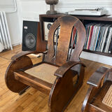 Pair of Art Deco armchairs in wood and cane.