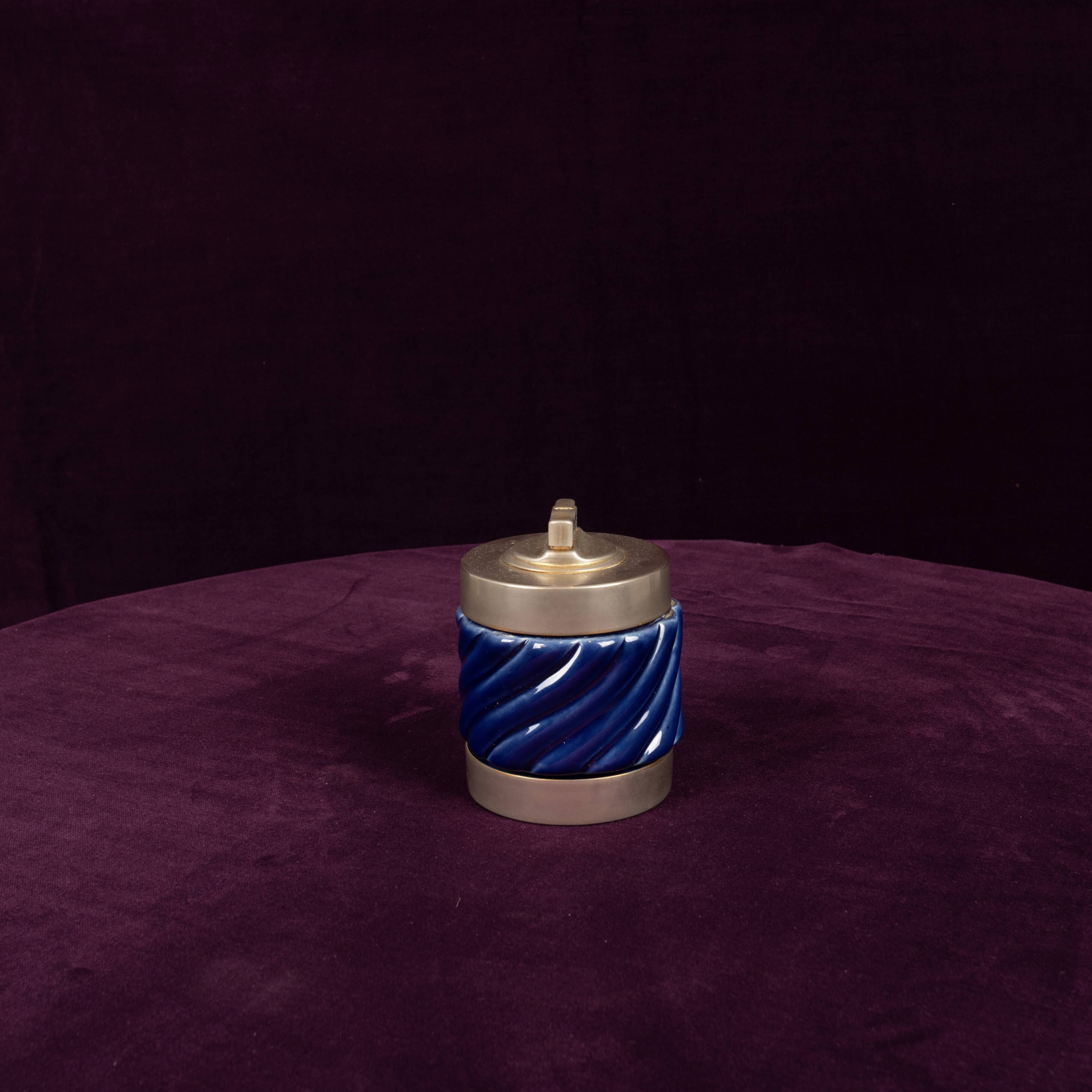 Tommaso Barbi Blue Glazed Ceramic and Brass-Toned Metal Table Lighter, 1970