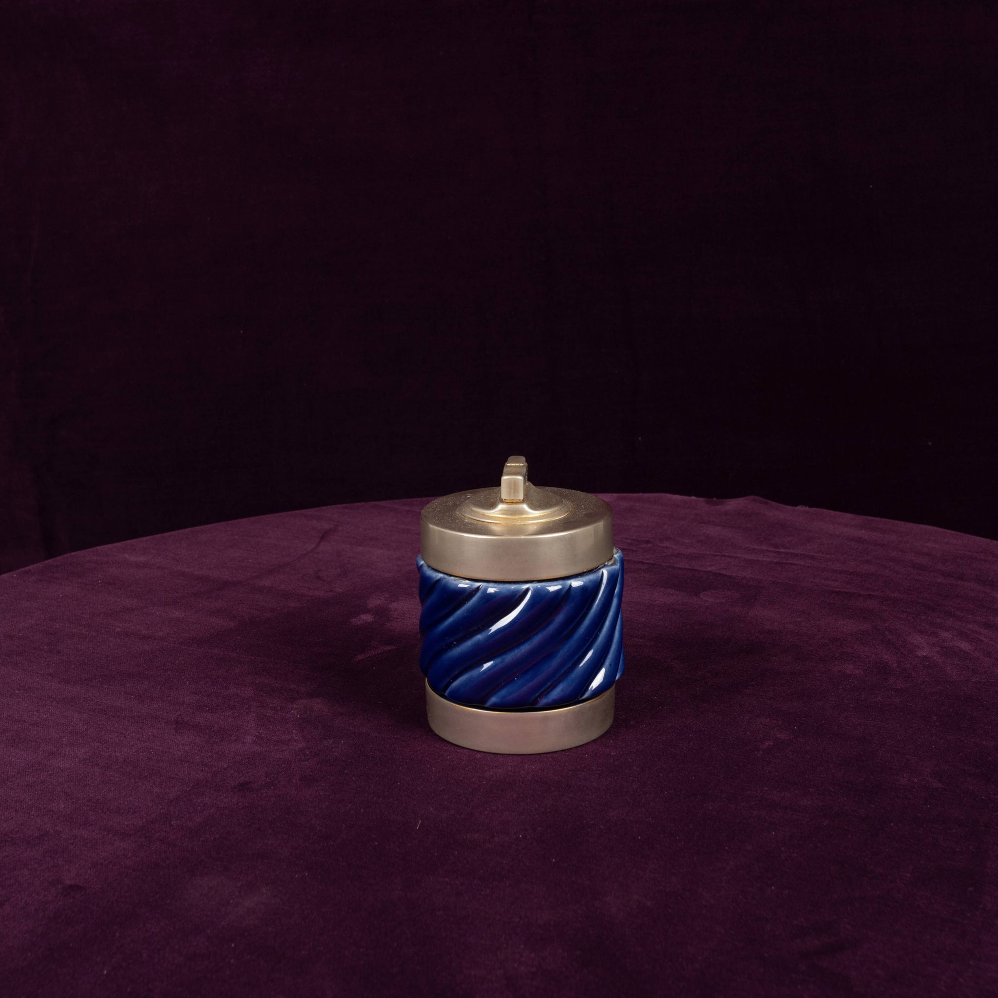 Tommaso Barbi Blue Glazed Ceramic and Brass-Toned Metal Table Lighter, 1970