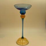 Bougeoir en verre jaune et bleu