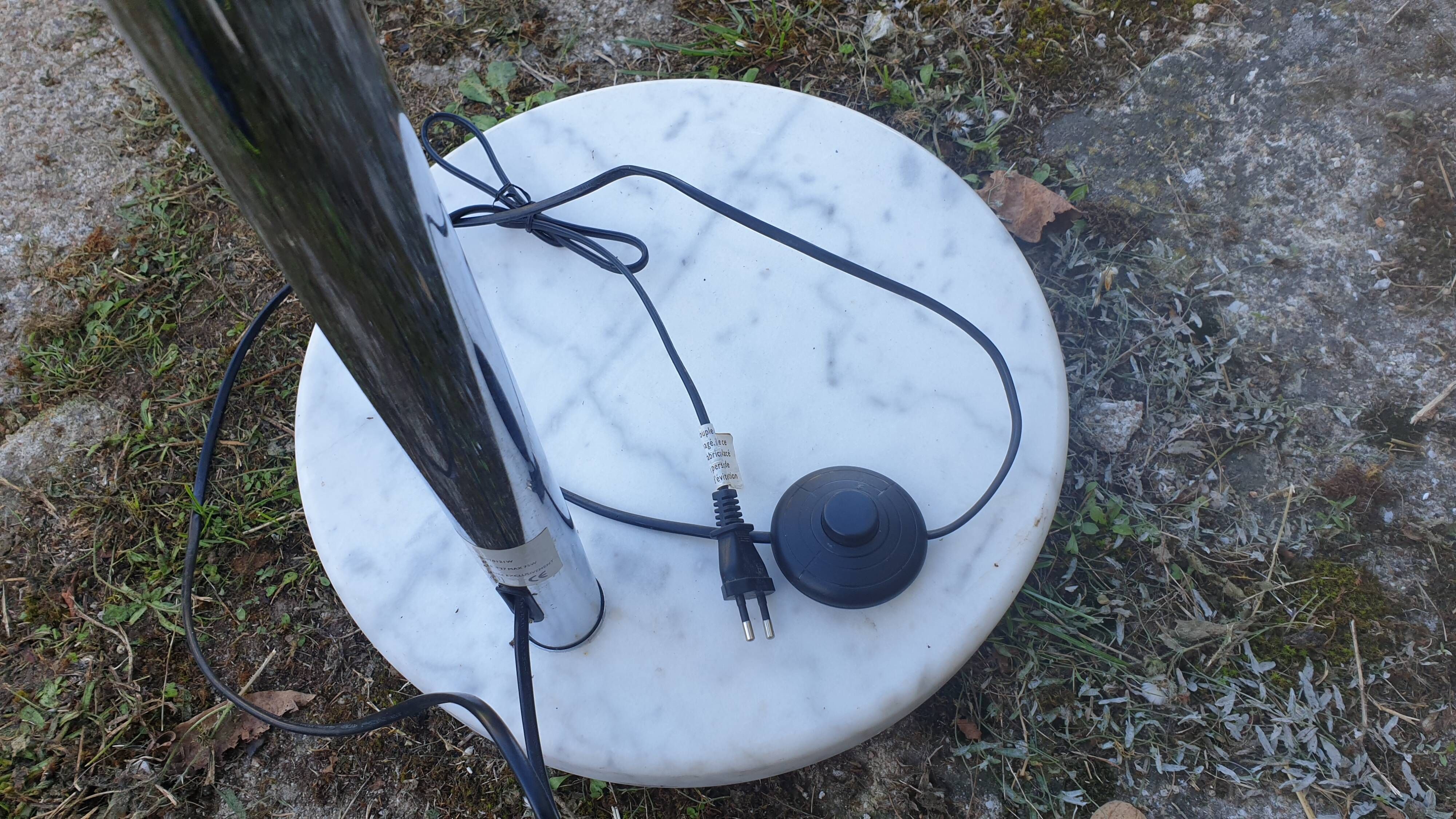 Chrome arc floor lamp with white globe, Space Age style from the 70s, BVH edition.