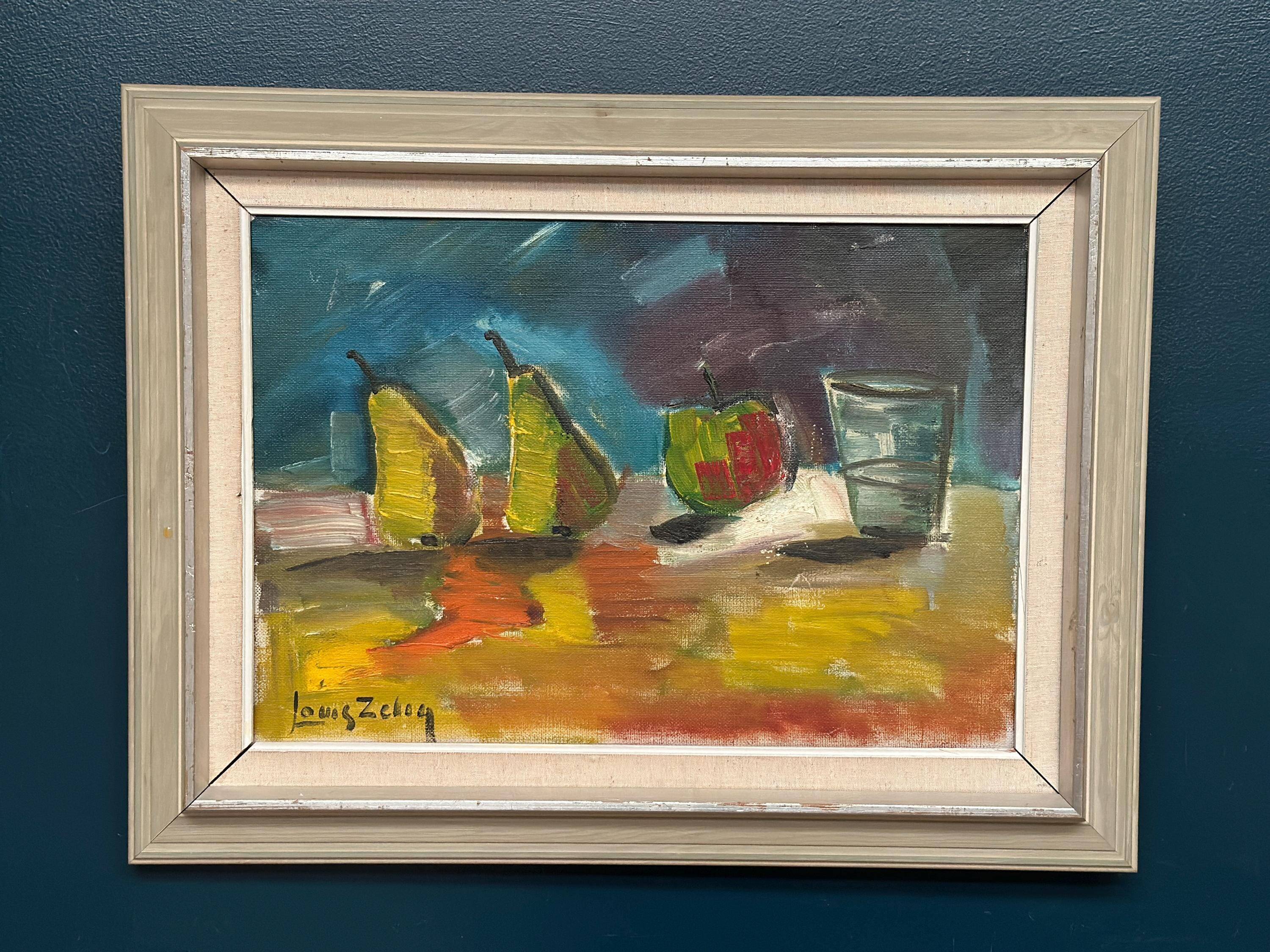 Original Mid Century Oil On Canvas – “Fruit” By Louis Zelig – Vintage & Framed 72 × 55 Cm