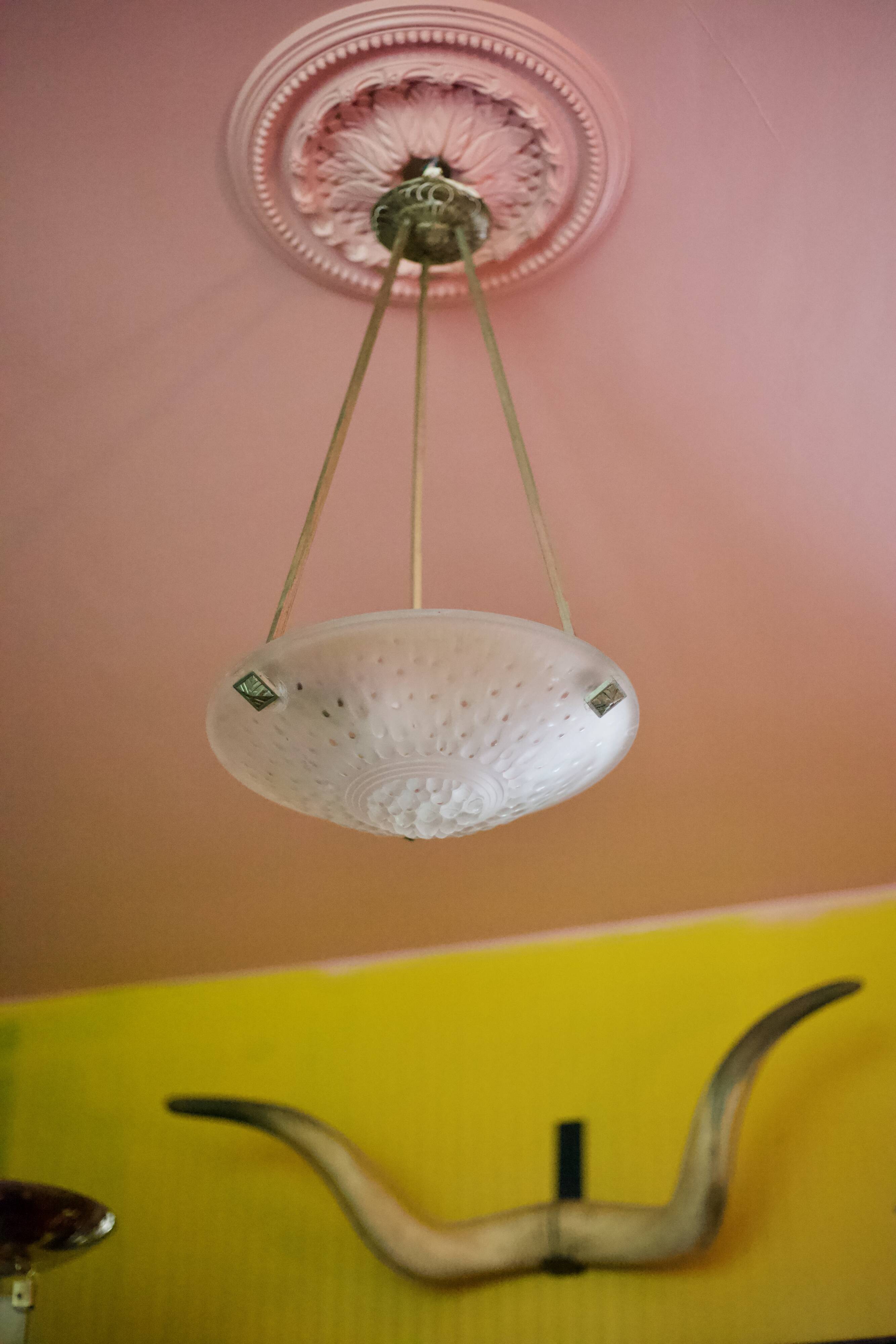 Chandelier signed Muller Frères Lunéville, Art Deco suspension, nickel-plated bronze chandelier, ceiling lamp,