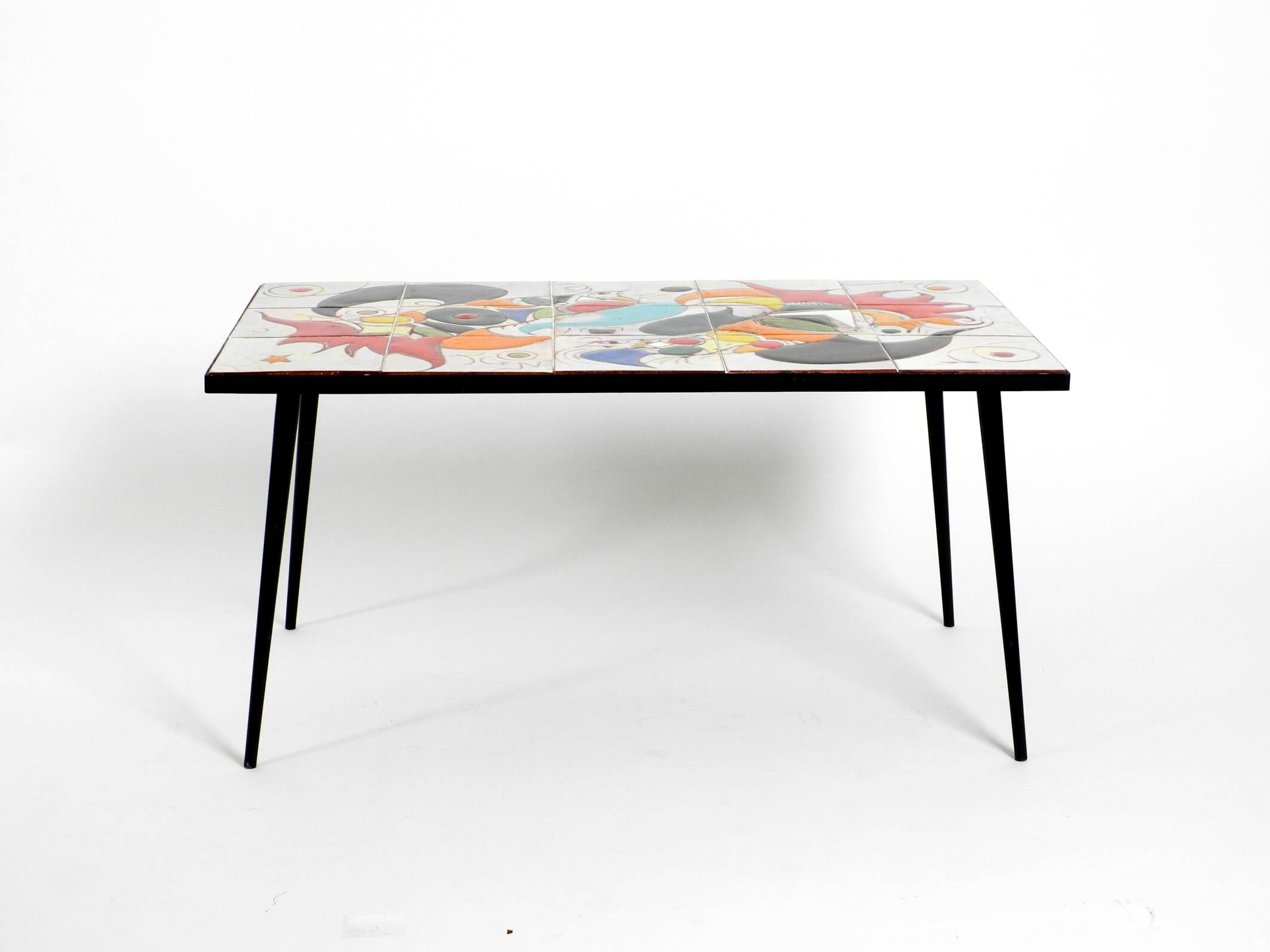Mid Century Italian Modern Iron Table with Tiled Top and Abstract Motif