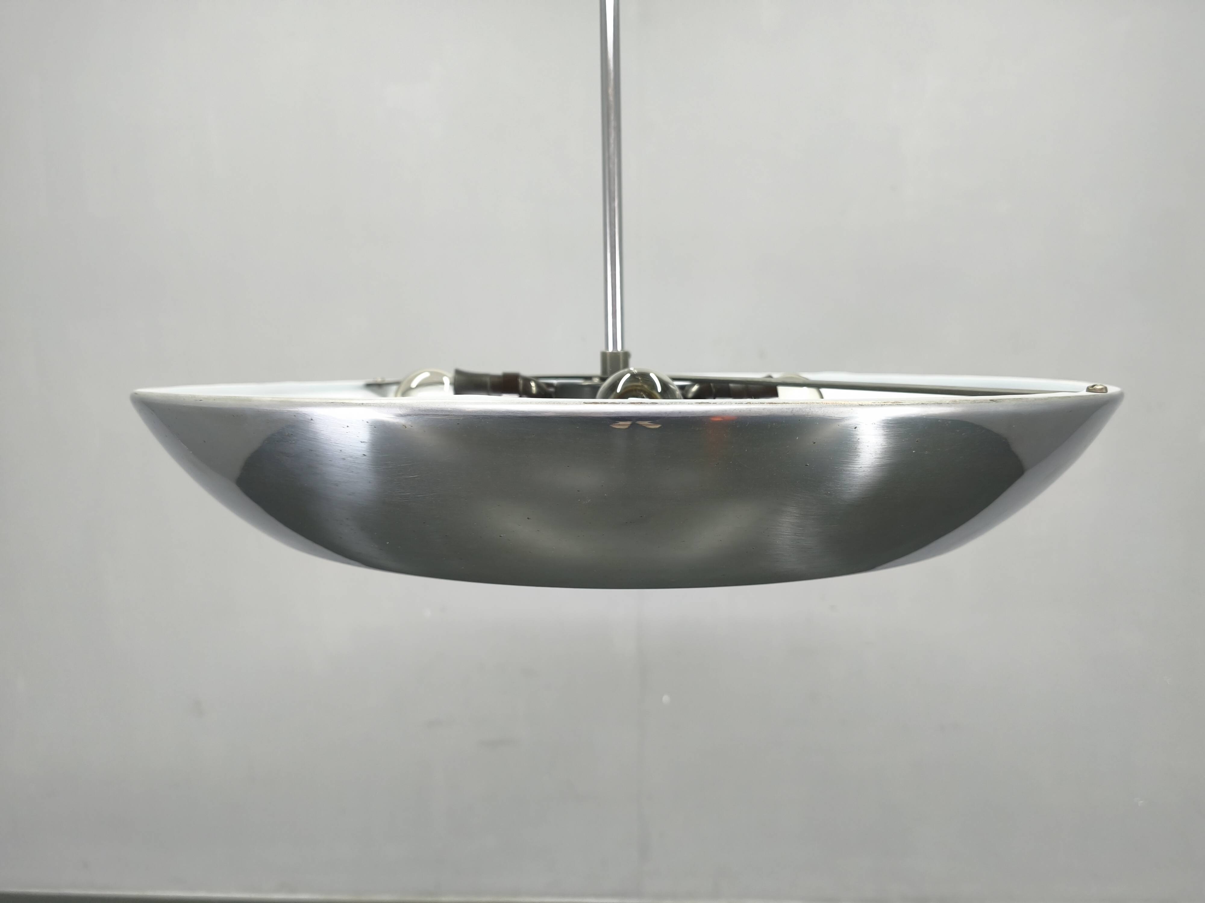 Bauhaus UFO Chandelier by Drupol, Chrome Glass Pendant, 1940s