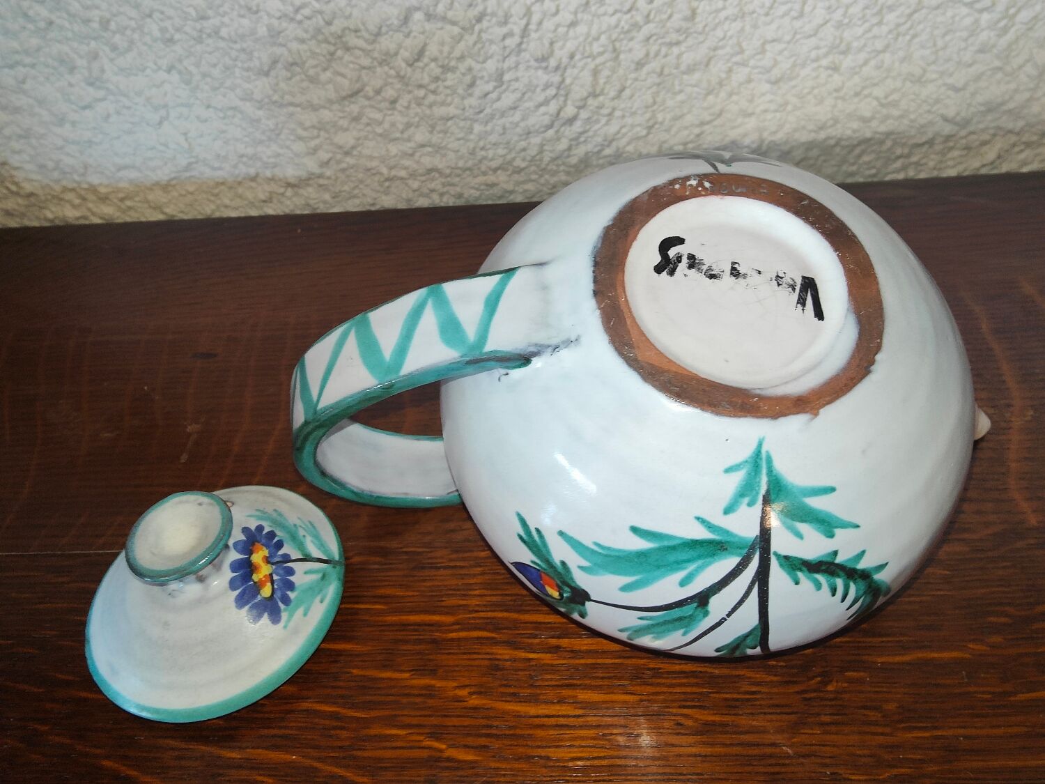 Vallauris ceramic teapot signed R. Rouma decorated with wild flowers