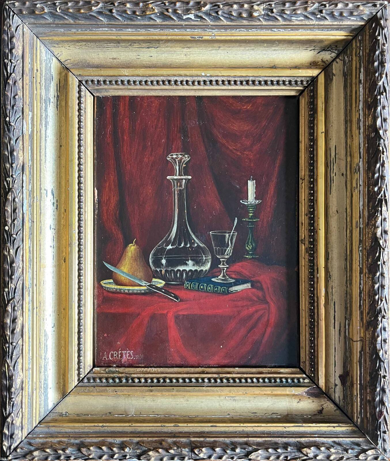 Tableau HSP 1891 signed A. Crétès "Still Life with Pear" miniature + frame
