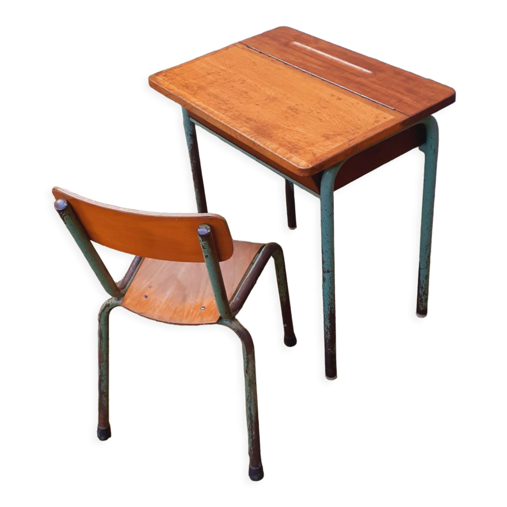 Vintage teak and solid oak schoolwork and its 50 year chair