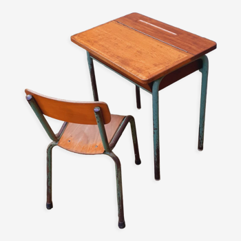 Bureau d'école en teck et chêne massif vintage et sa chaise année 50