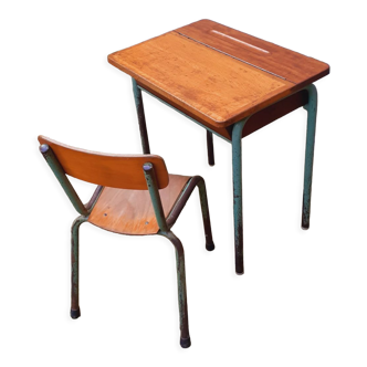 Bureau d'école en teck et chêne massif vintage et sa chaise année 50