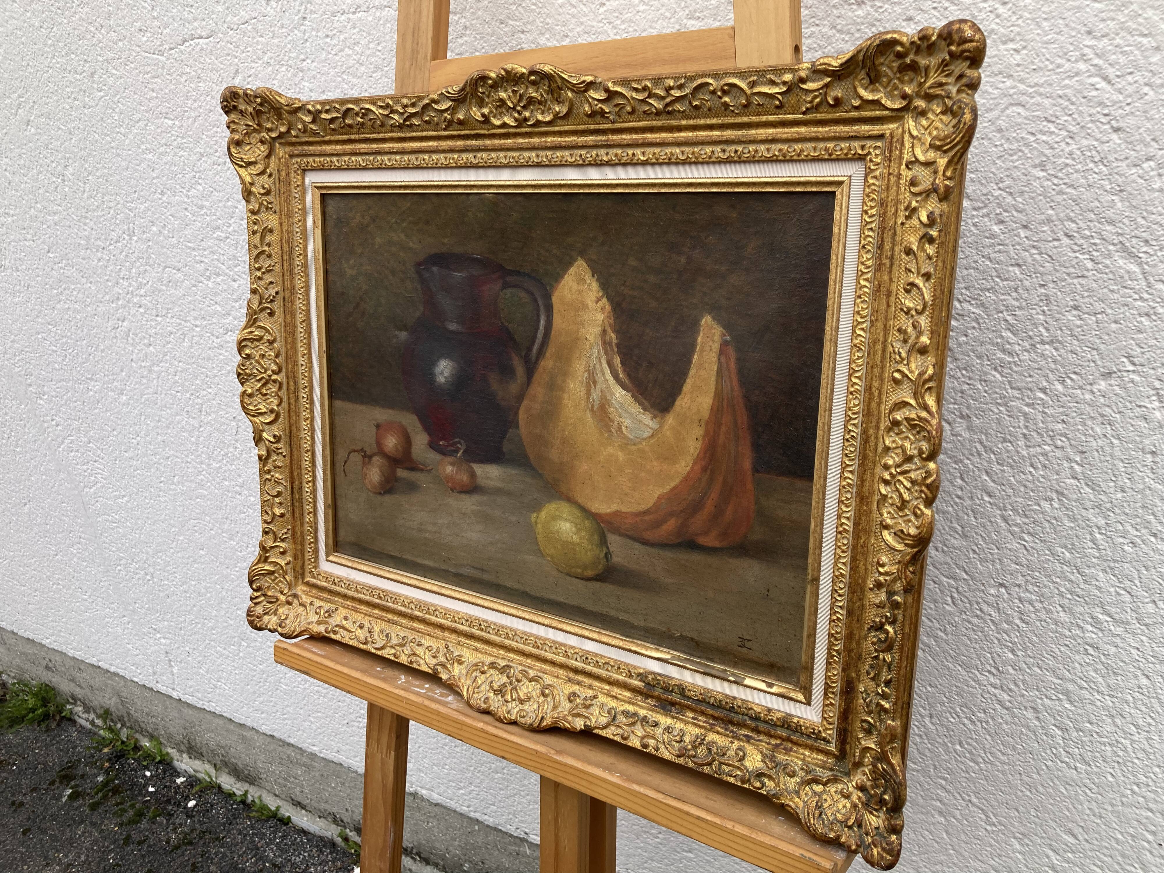 French School, Still Life with Gourd and Jug, Oil on Canvas Frame