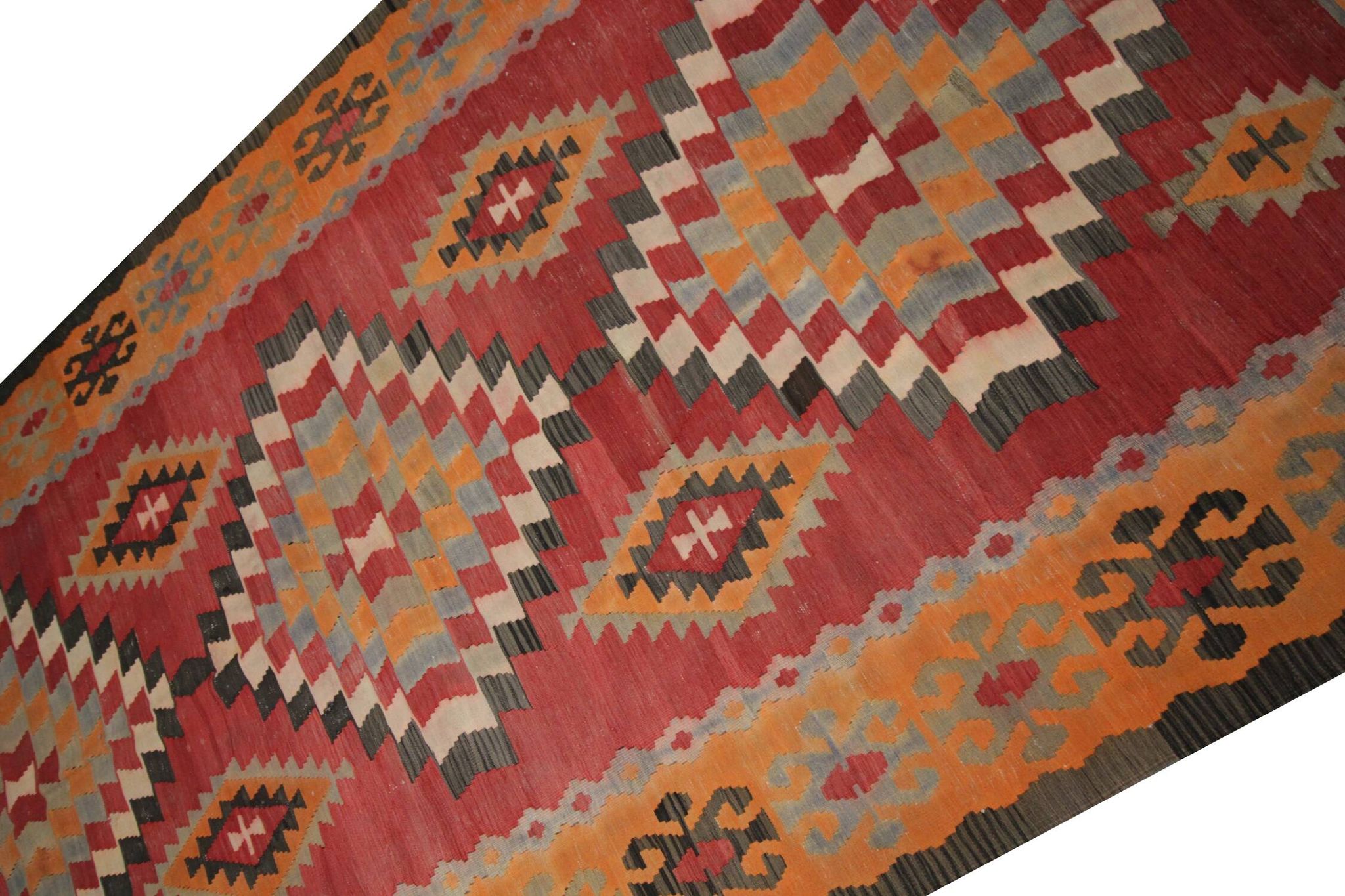 Vintage Red Orange  Kilim Rug 1980s Wool Tribal Flatweave 287 x 150 cm