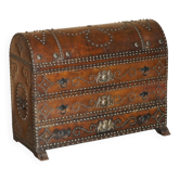 Antique Spanish Chest of Drawers in Oak with Curved Leather Top and Royal Coat of Arms