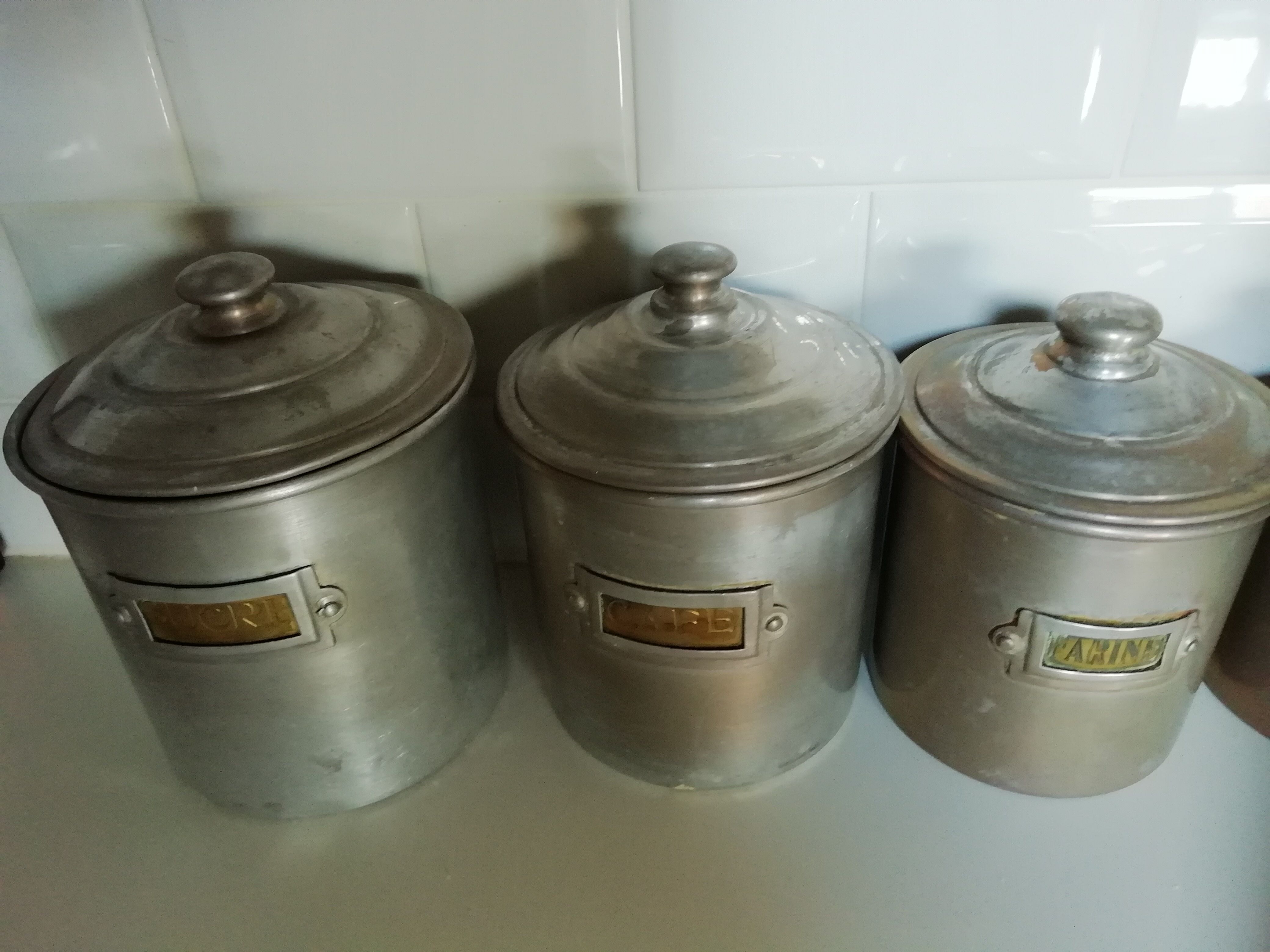 complete series of 6 metal jars with brass label