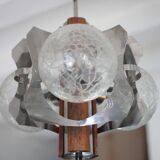 Space Age metal and wood pendant light, 3-globe chandelier, Sputnik chandelier, lamp