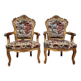 Pair of Baroque Louis XV style armchairs in gilded and carved wood circa 1900