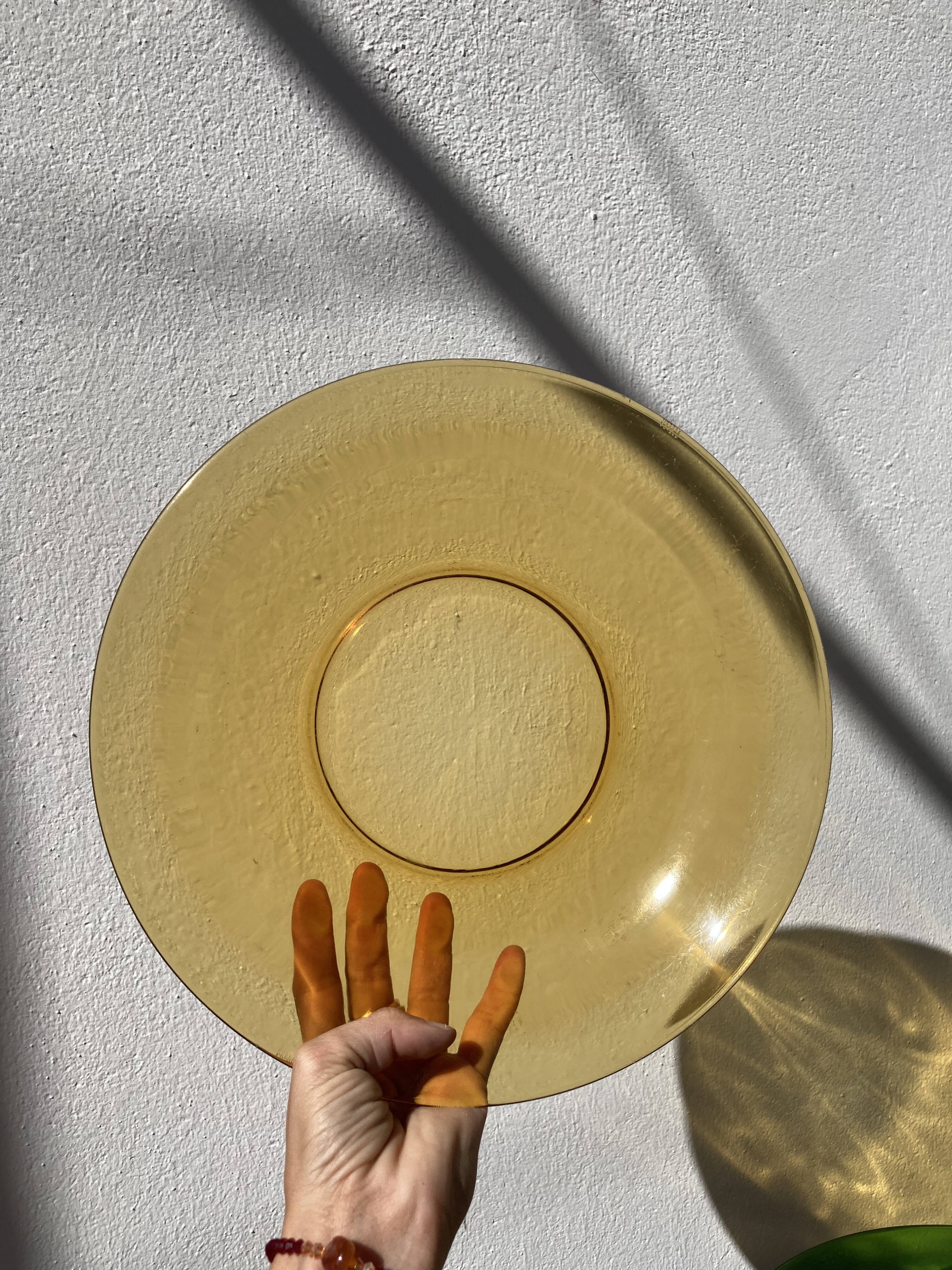 Set of 7 dishes in brown and green vintage glass