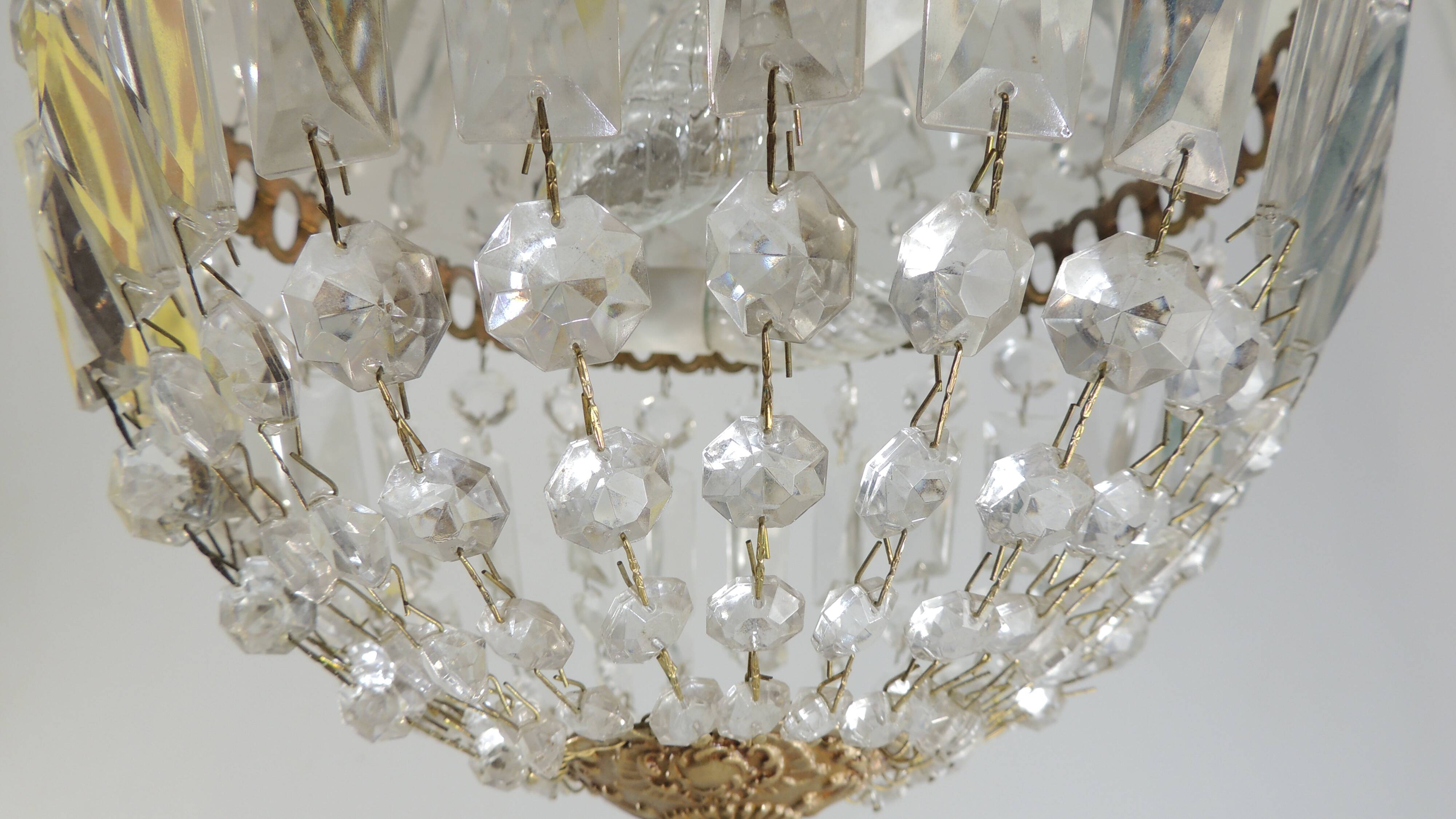 Antique crystal ceiling chandelier, Empire style, patinated gilt metal – pendant light