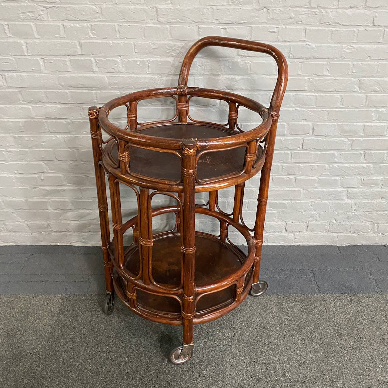 Round bamboo & rattan bar cart - italy 1960's