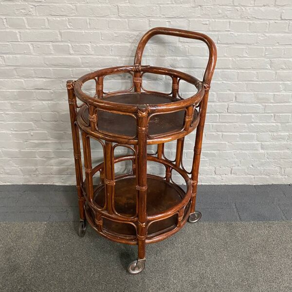 Chariot de bar rond en bambou et rotin - italie années 60