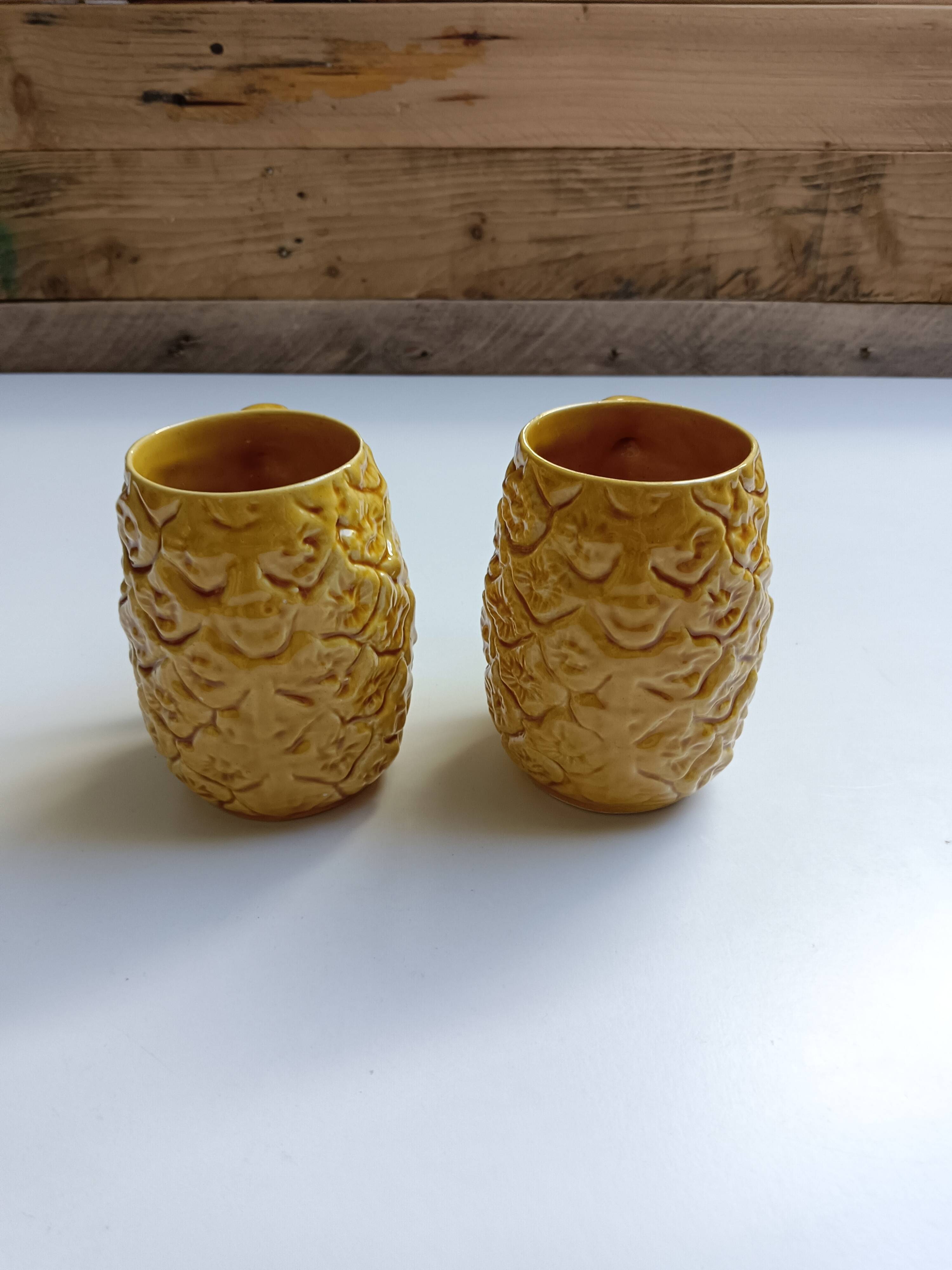 Handmade yellow pineapple mugs signed Kerangol made in Portugal.