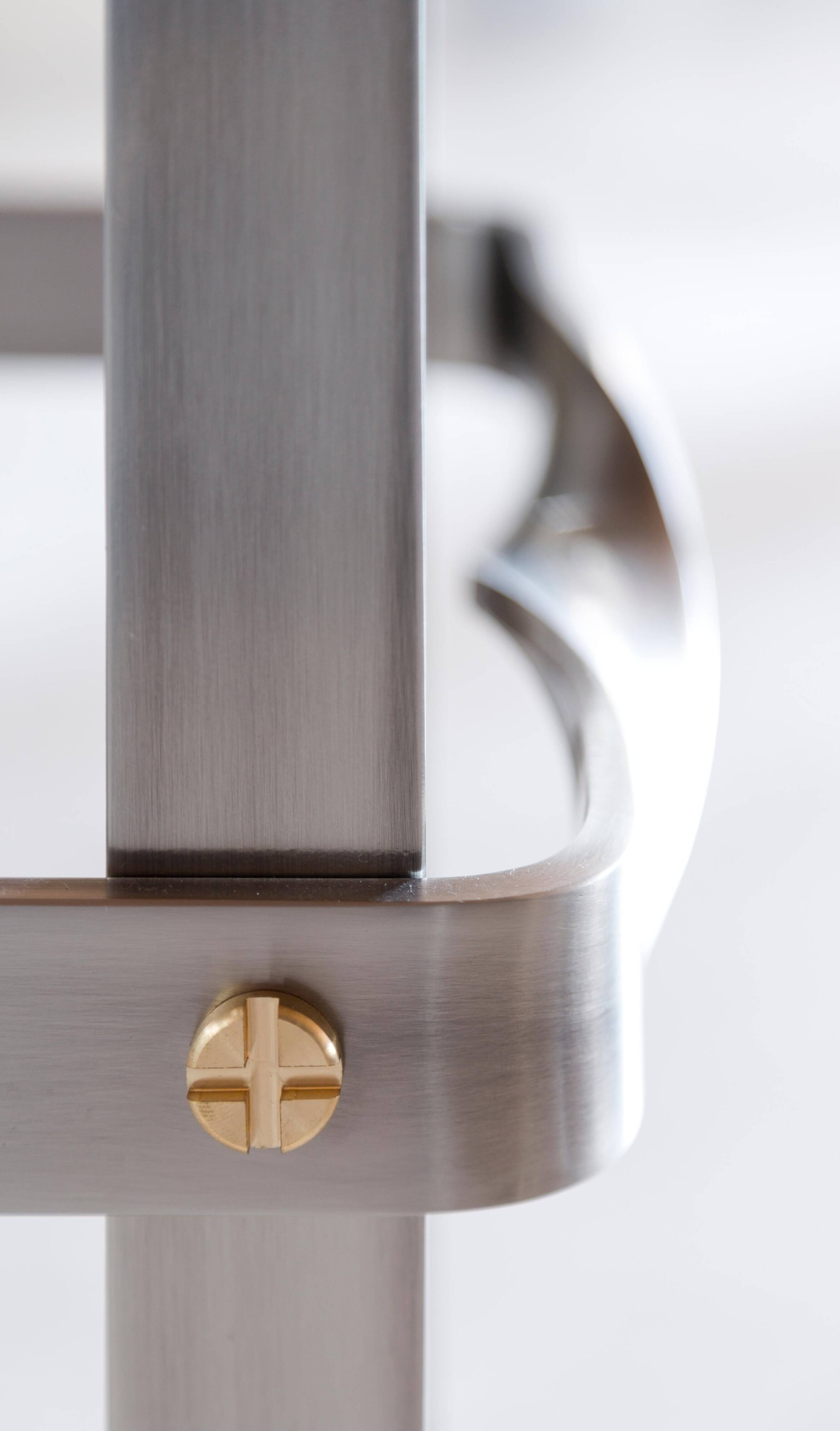 Contemporary Classic Bar Stool in Aged Silver Metal and Dark Brown Leather