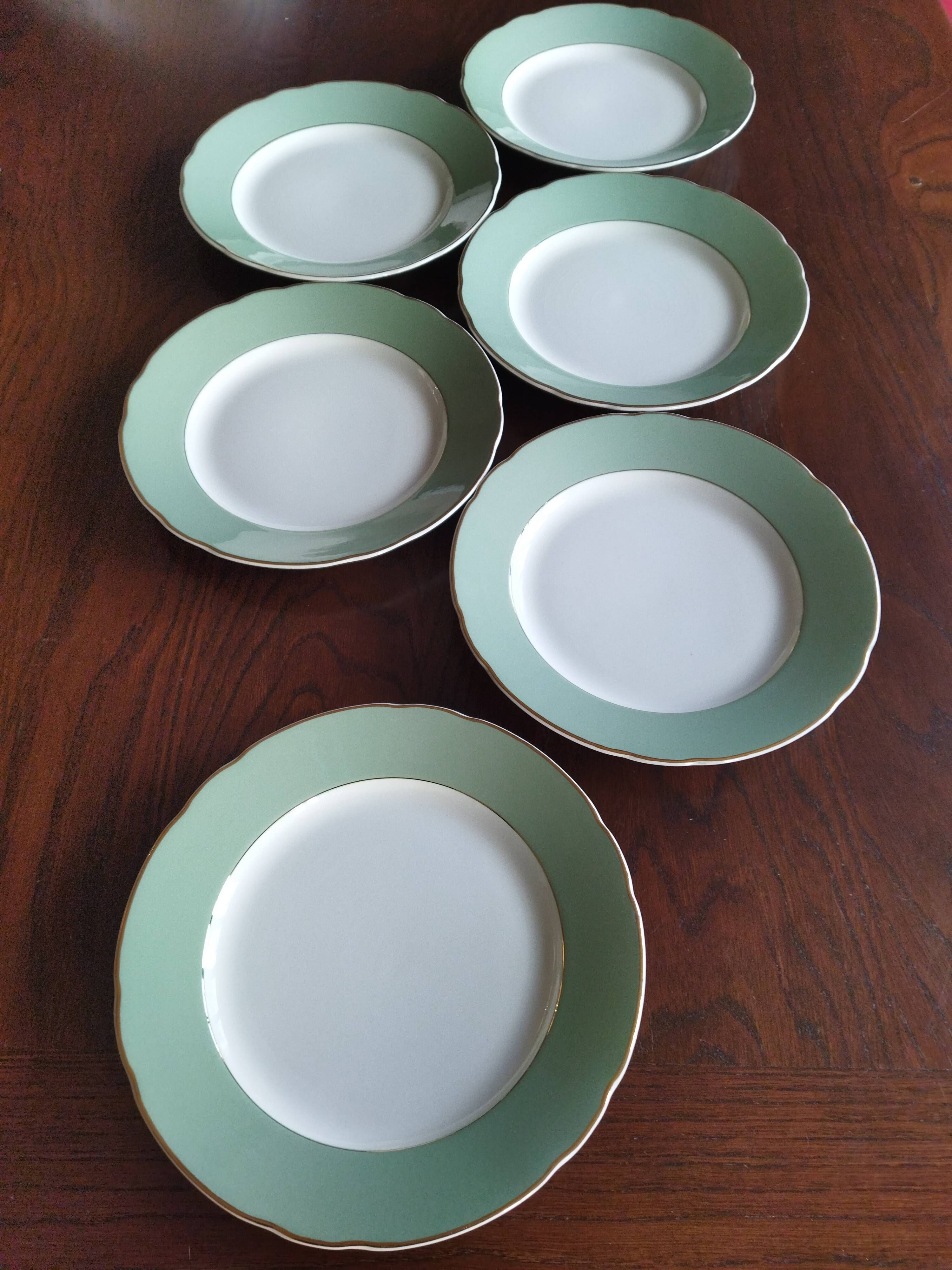 6 flat plates Villeroy & Boch Mettlach celadon green and vintage gold 1960s