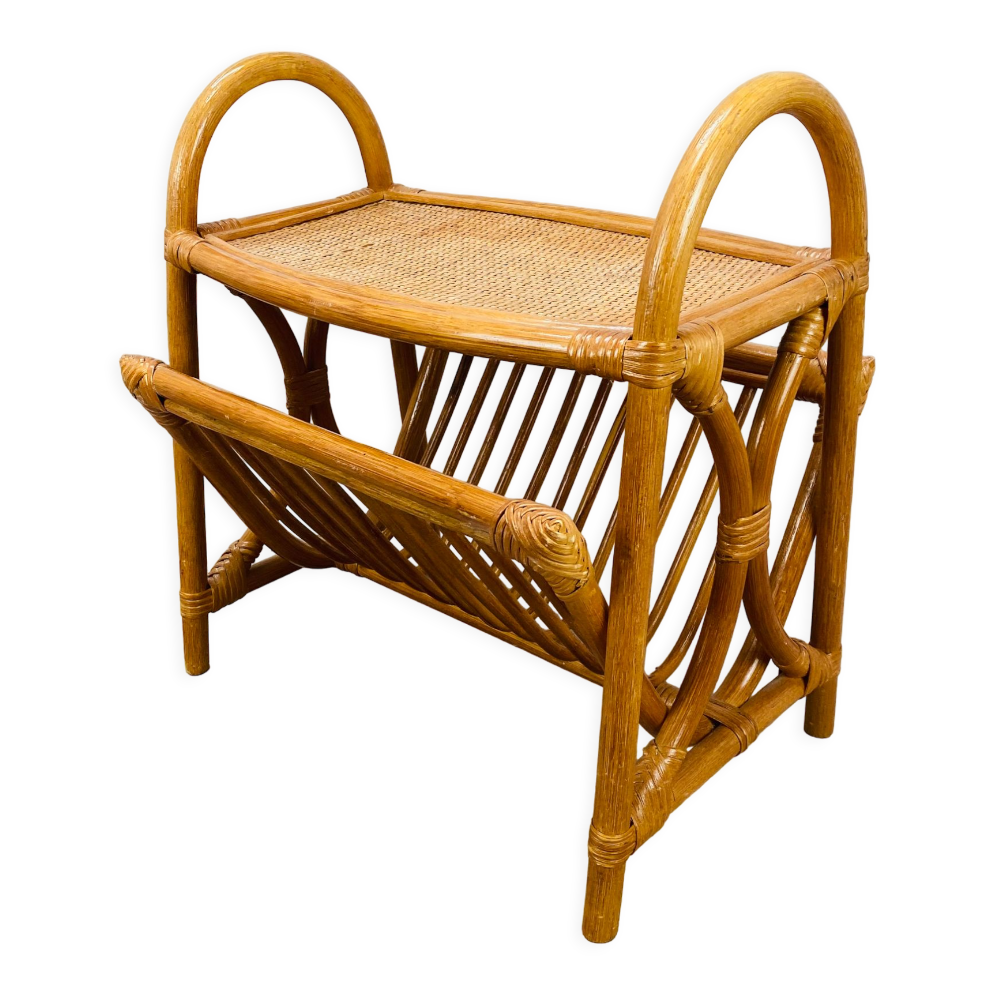 Vintage rattan magazine door side table 60s