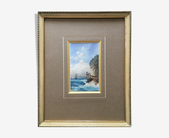 Tableau aquarelle Pierre Comba (1859-1934) Marine bord de côte animée